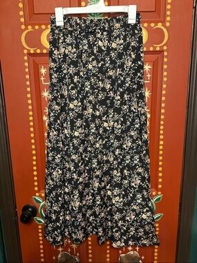 SHEIN Black Maxi Skirt with Cream and Teal Floral Print with small slit.